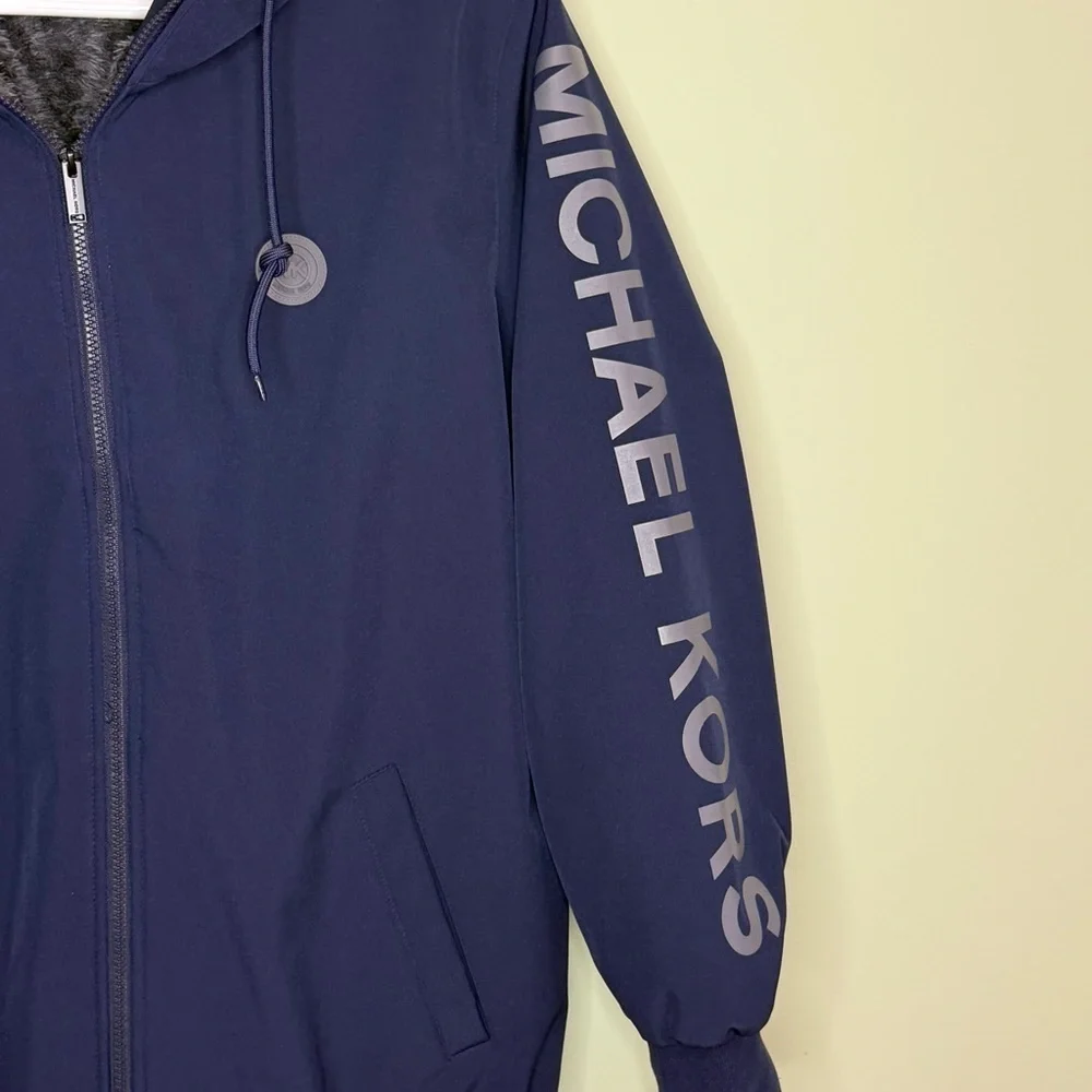 Michael Kors Men XL tall Blue soft shell full zip hooded arm logo Jacket coat